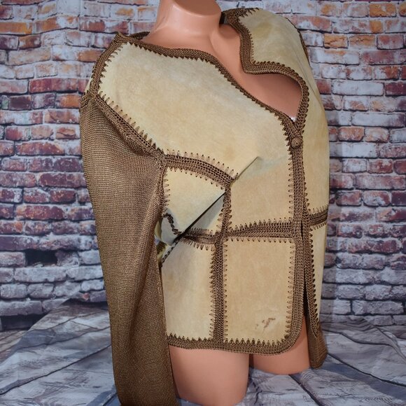 Carducci Sz Medi Leather Suede Jacket Crochet Patchwork Button Tan Boho Cowgirl - Picture 4 of 12